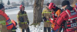 Zdjęcie przedstawia strażaków przygotowujących się do ćwiczeń z ratownictwa lodowego.