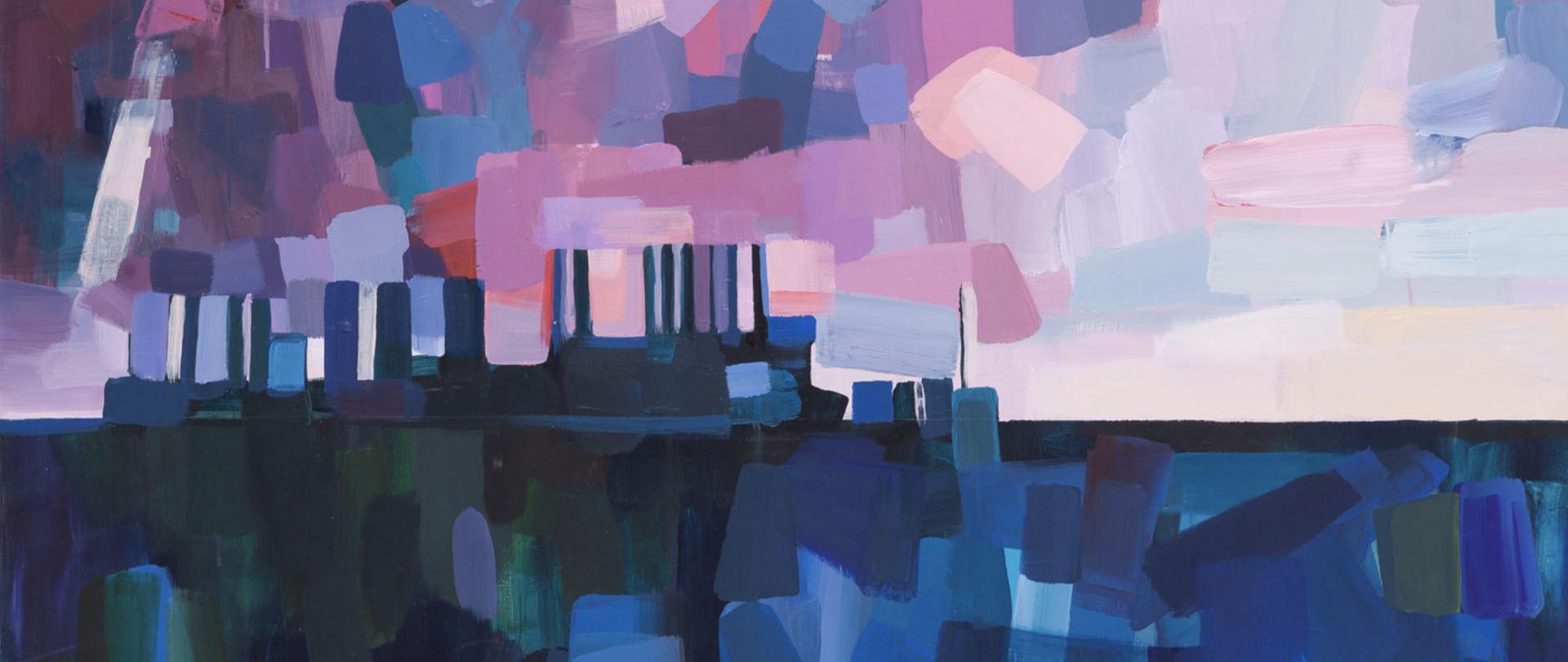 Obraz przedstawiający pejzaż śląski w kolorach fioletowo-niebieskich