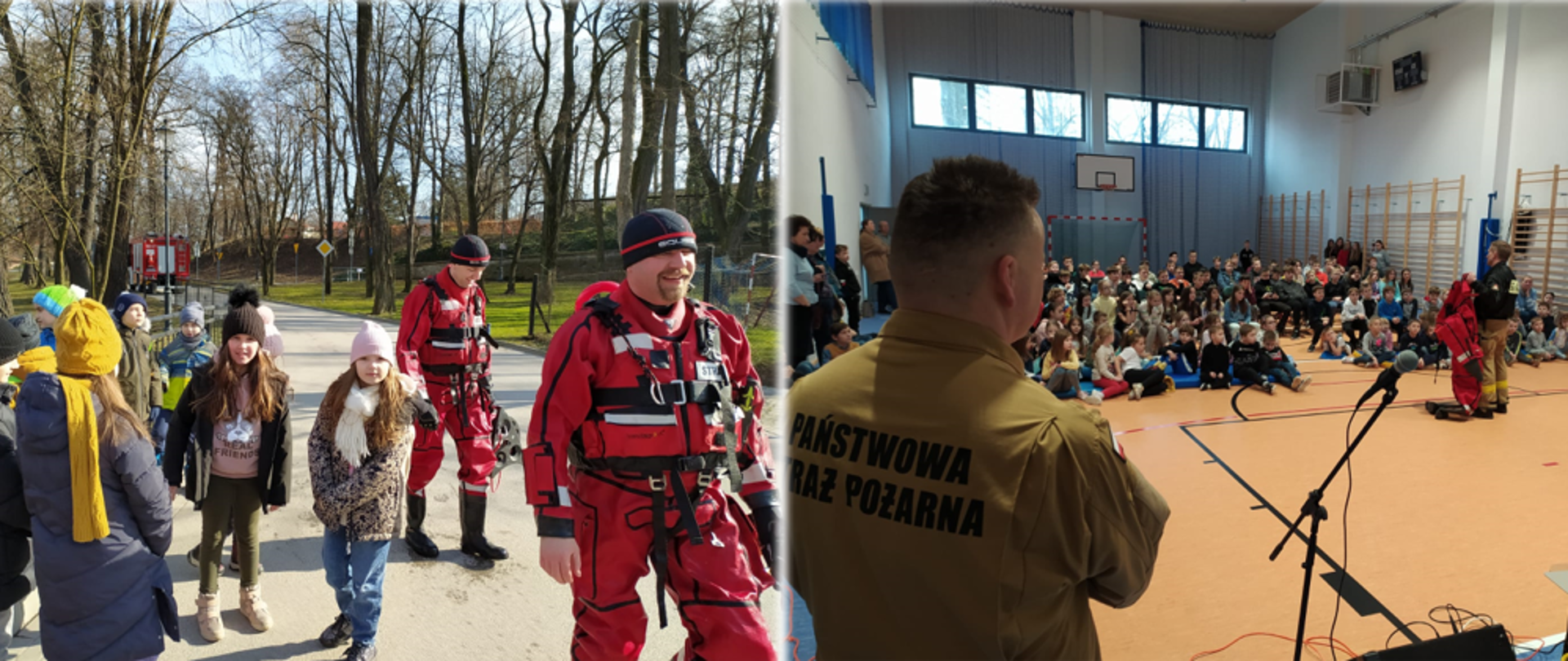 Na zdjęciu dzieci oraz strażacy w ubraniach do pracy w wodzie. Obok dzieci na sali gimnastycznej w czasie prelekcji prowadzonej przez strażaków