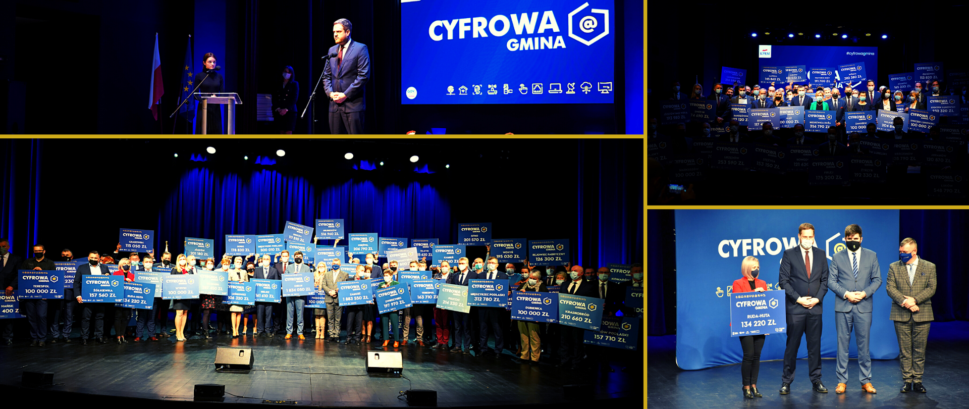 Kolaż zdjęć z poniedziałkowych spotkań ministra Janusza Cieszyńskiego z lubelskimi samorządowcami.