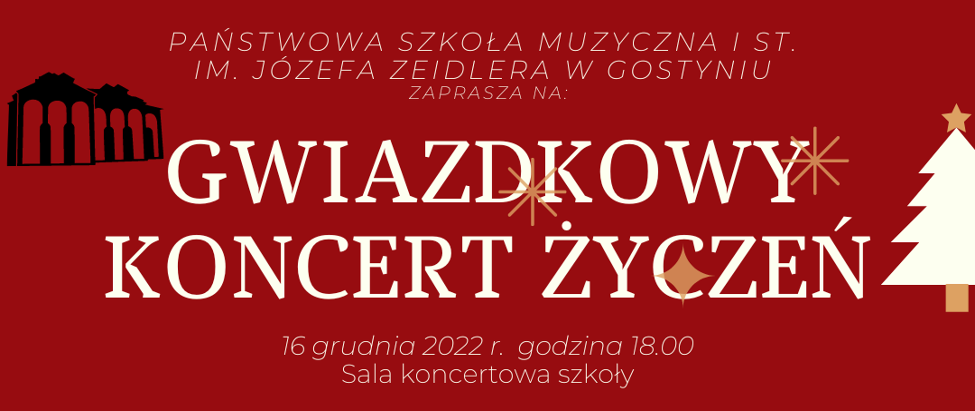 Plakat przedstawia zapowiedź koncertu świątecznego. Na czerwonym tle jest nazwa wydarzenia, nazwa szkoły oraz data, godzina i miejsce. Dodatkowymi elementami są gwiazdki i choinka.