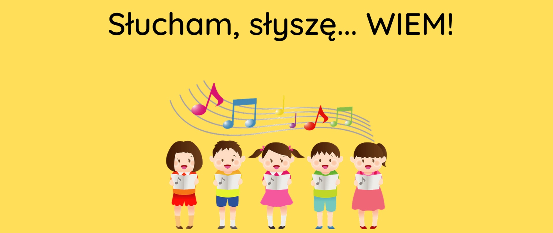 na jednolitym tle w ciepłym żółtym kolorze znajduje się rząd śpiewających dziecięcych postaci ubranych w kolorowe ubrania, z nutami unoszącymi się nad ich głowami. U dołu - kolorowy, klucz wiolinowy, stylizowany na tęczę. Napisy w kolorach czarnym i brązowym, u góry logo szkoły.