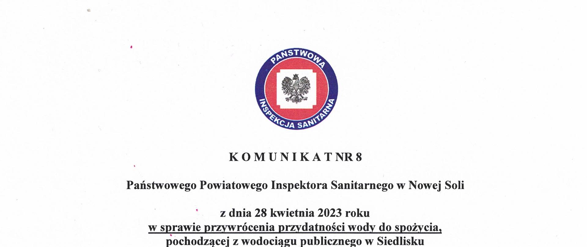 Komunikat nr 8 przywrócenie przydatności wody Siedlisko