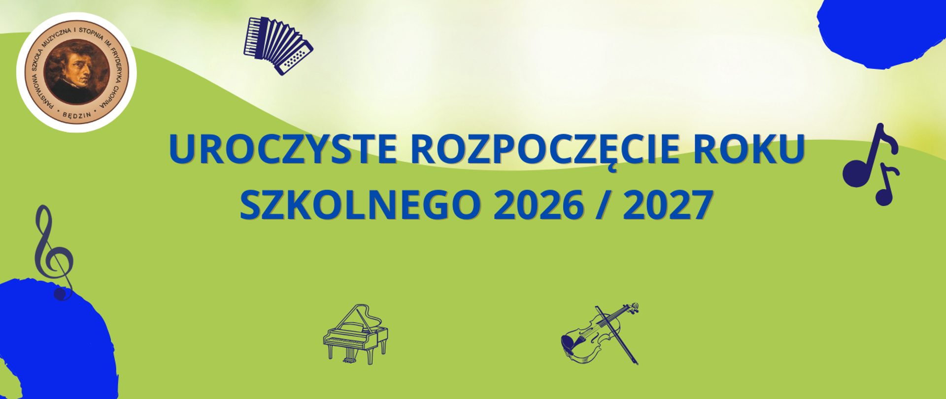 baner na zielonym tle, na środku napisy,wokół ikony instrumentów