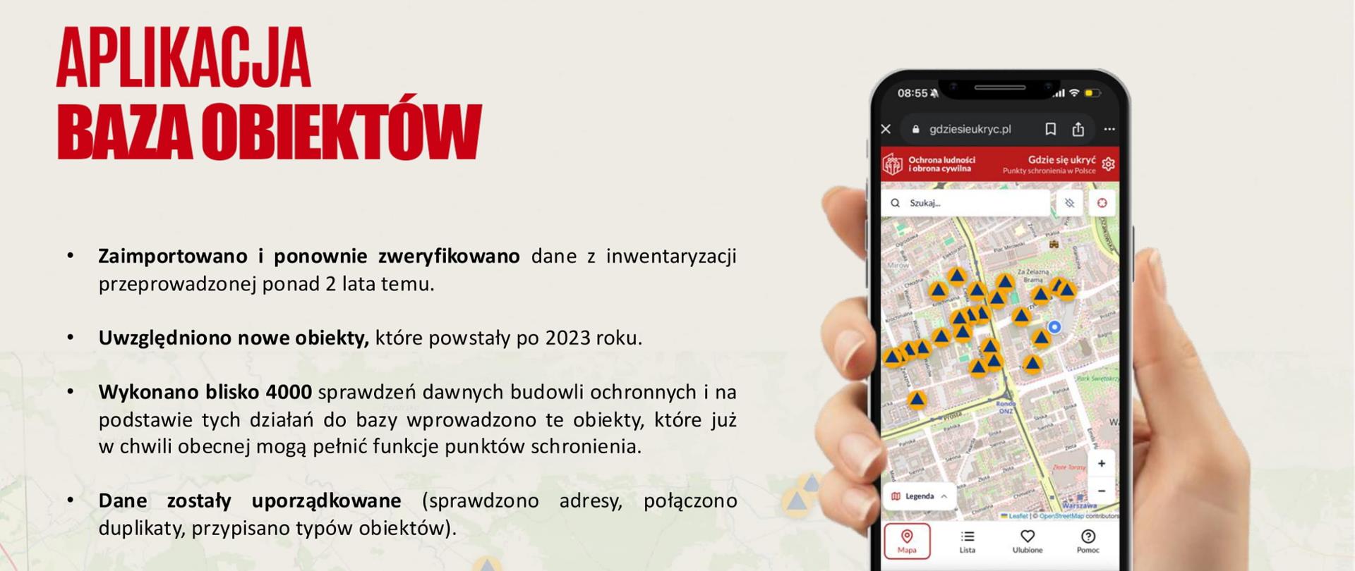 Z prawej strony telefon trzymany w dłoni, na nim mapa i zaznaczenia obiektów. Z prawej strony Tekst.