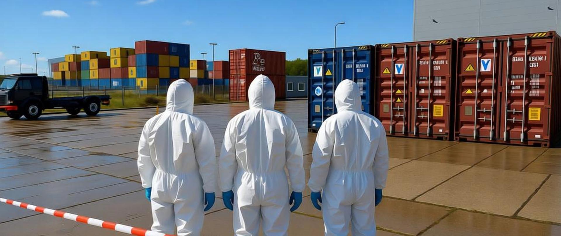 Trzech mężczyzn w białych strojach ochronnych stoi tyłem na placu kontenerowym