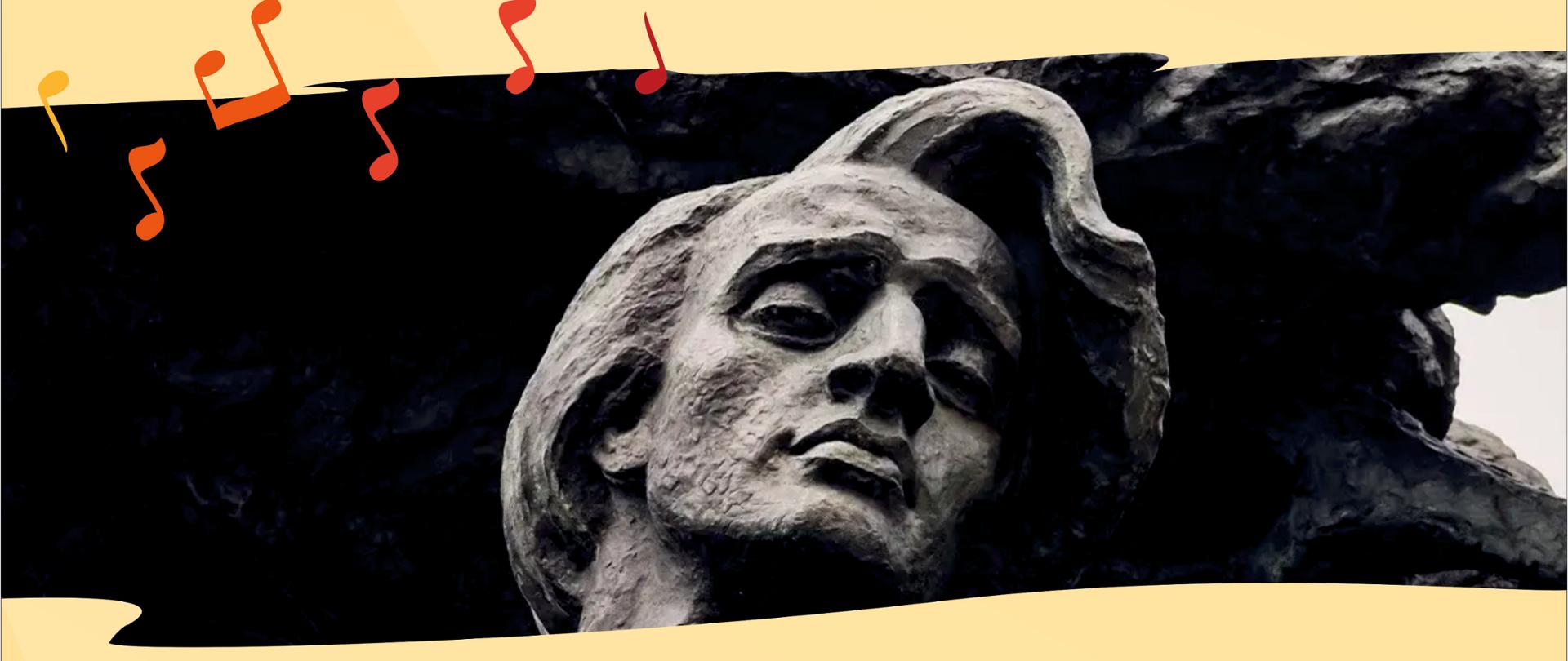 Plakat w kolorze zgaszonej żółci ze zdjęciem fragmentu pomnika Chopina przez środek a od góry napisy: CHOPIN JESIENIĄ sobota, 19 października 2024 godz. 17:00 wystąpią ADAM TARKO, ZOFIA STANEK, ZUZANNA WYSOGLĄD Aula Państwowej Szkoły Muzycznej I st. Krzeszowice ul. Ogrodowa 7 wstęp wolny. Na dole logo Państwowej Szkoły Muzycznej I st. im. Z. Noskowskiego w Krzeszowicach