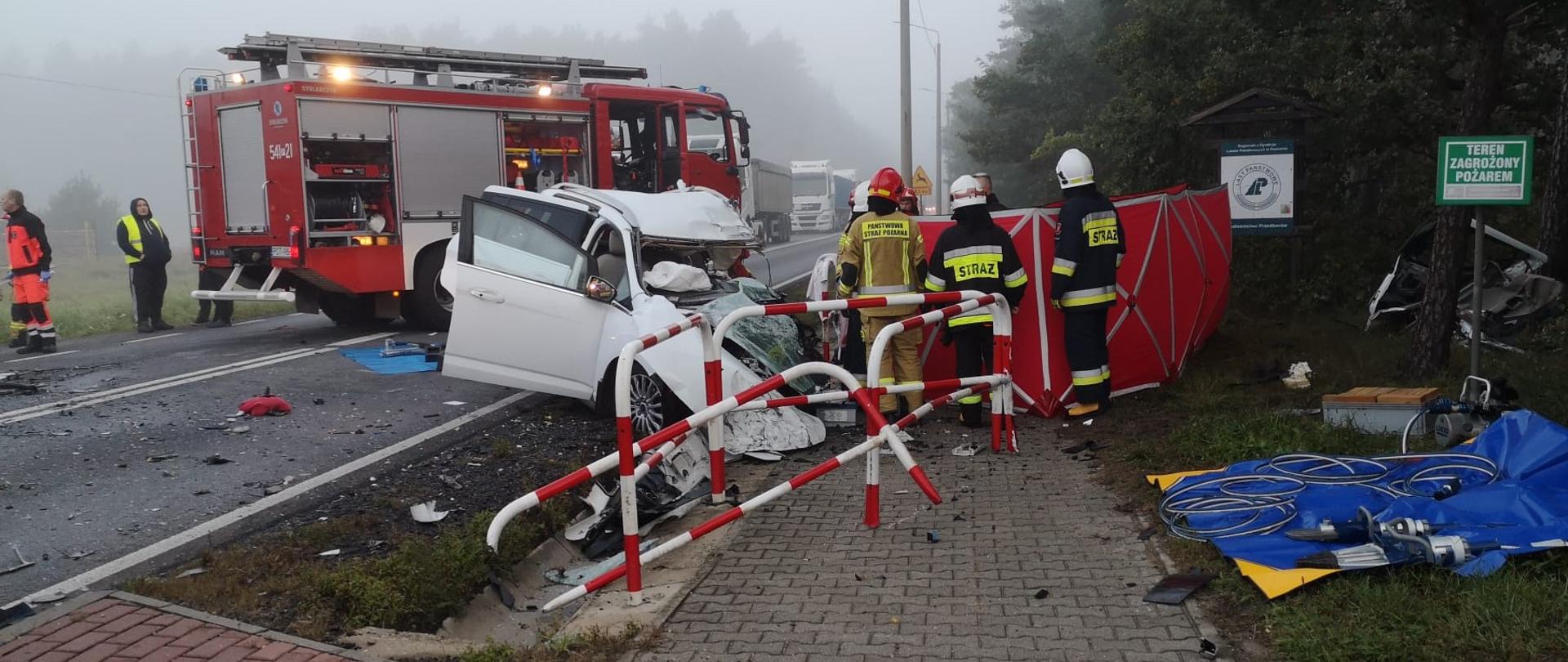 Samochód osobowy po uderzeniu w barierki stoi częściowo na jezdni. Obok stoją strażacy przy czerwonym parawanie. Na jezdni stoi wóz strażacki, obok ratownik medyczny i obserwatorzy. W tle ciężarówki i las.