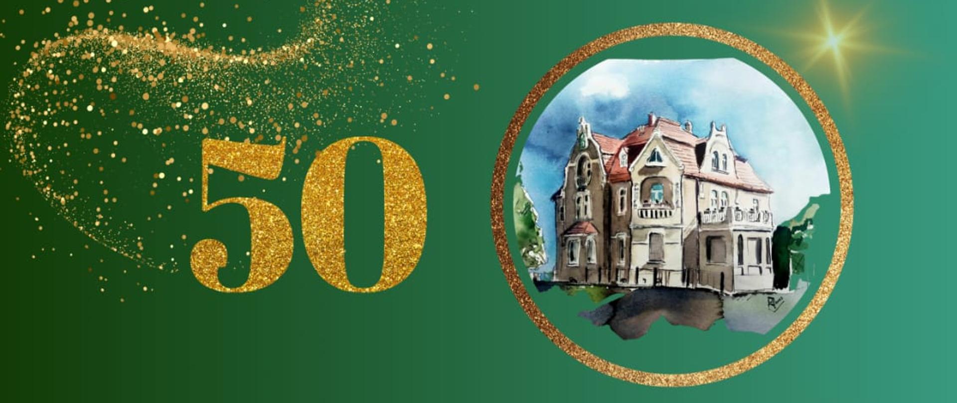 Plakat na ciemno-zielonym tle zaproszenie na Koncert Jubileuszowy z okazji 50-lecia szkoły w Sali Kina Zbyszek dnia 18.11.2025r. o godz. 17:00.