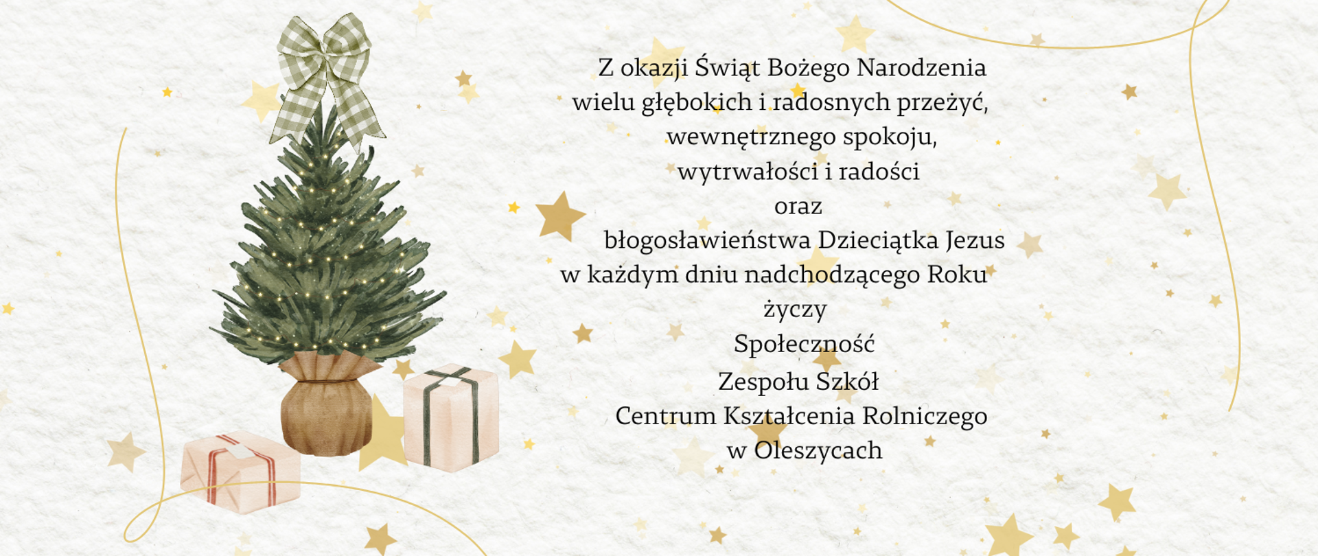 Życzenia Świąteczne-kartka na tle gwizdki, widoczna choinka, pod nią dwa prezenty, obok treść życzeń 