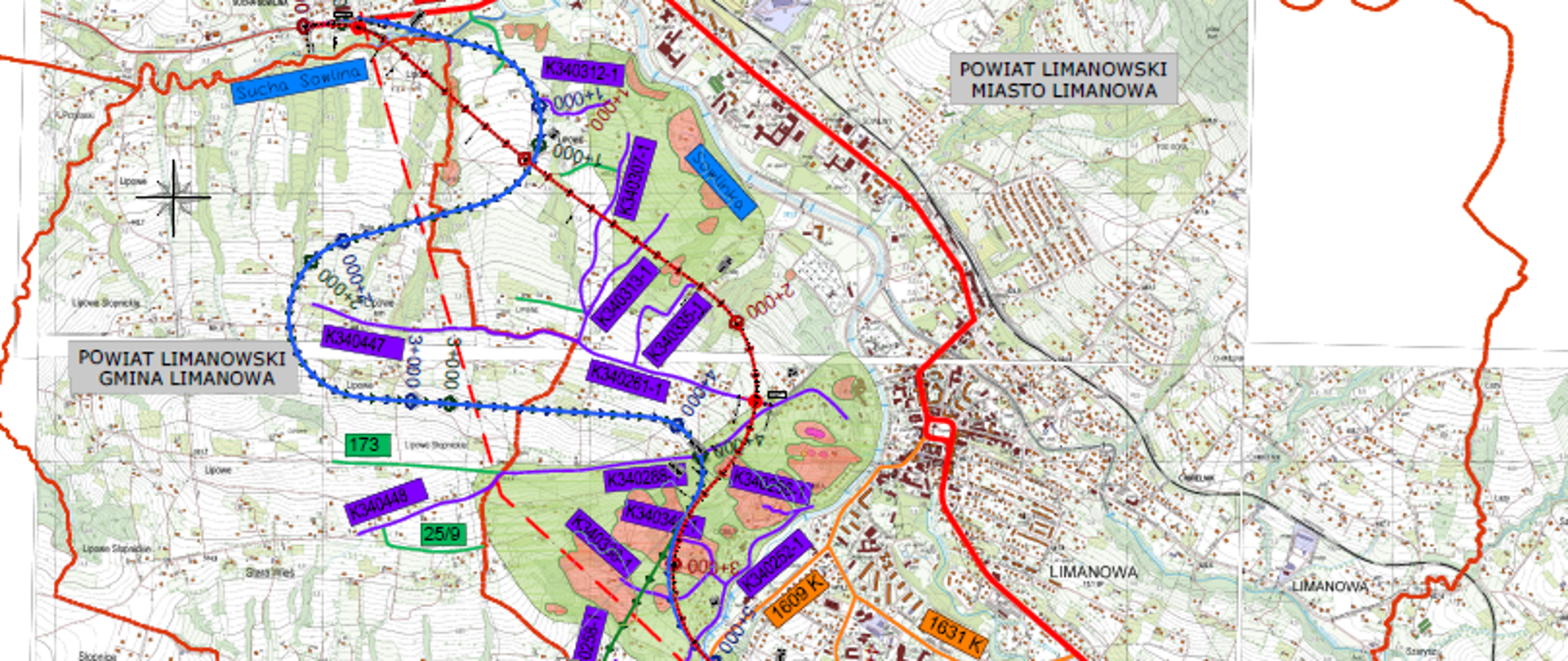 Mapka z trzema przebiegami obwodnicy Limanowej w ciągu DK28,