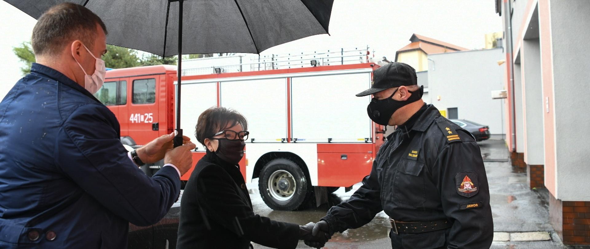 Obra przedstawia Komendanta Powiatowego brygadiera Waldemara Sarleja witającego Marszałek Sejmu RP Elżbietę Witek. W tle samochód pożarniczy.