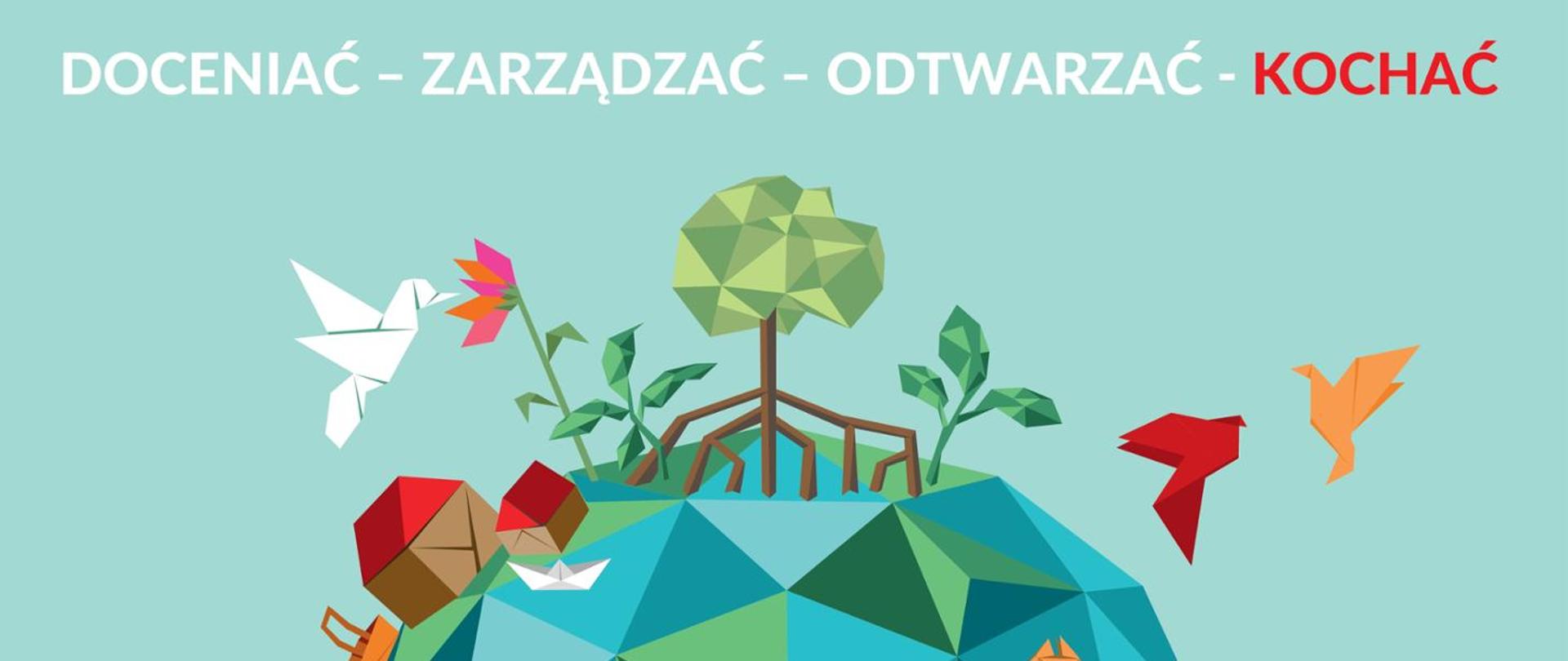 Kolorowy rysunek kuli ziemskiej spoczywa na ludzkich rękach. Dookoła i na globie ziemskim rysunki ptaków, domów drzew. Zielone tło. Na górze plakatu napis Doceniać – Zarządzać – Odtwarzać – Kochać, na dole Mokradła. W dolnym pasku strony logotyp Ramsar i Światowego Dnia Mokradeł.