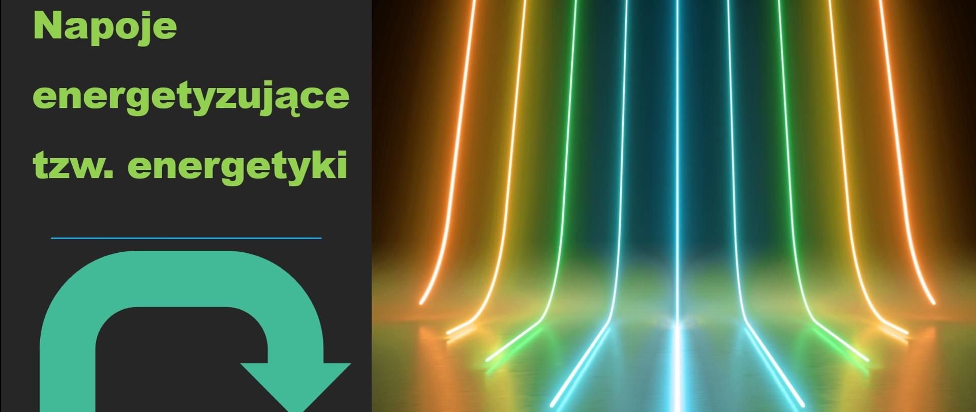 baner na którym jest napis Napoje energetyzujące, tzw. energetyki wraz z strzałką skierowaną do tyłu oraz 9 świecych pasów