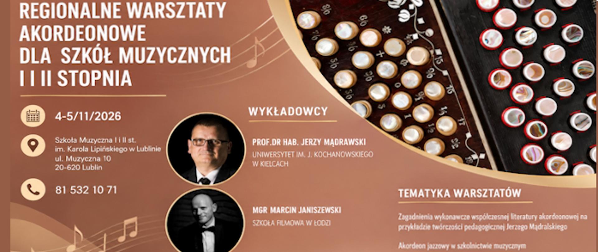 Plakat Regionalnych Warsztatów Akordeonowych dla szkół muzycznych I i II stopnia, 4–5 listopada 2026 r. w OSM im. K. Lipińskiego w Lublinie. Wykładowcy: prof. dr hab. Jerzy Mądrawski oraz mgr Marcin Janiszewski.