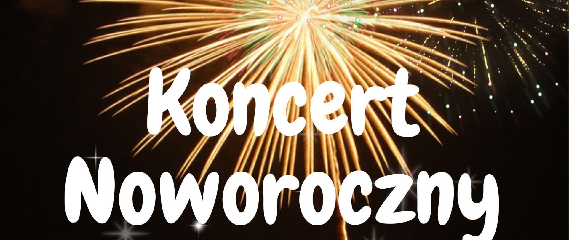 Plakat przedstawia na czarnym tle białe litery informacje o koncercie noworocznym w dniu 30.01.2023r. o godz. 17:30. U góry złote fajerwerki w postaci roży poniżej na tle zaproszenia jasne gwiazdy na dole odbicie gwiazd w wodzie.