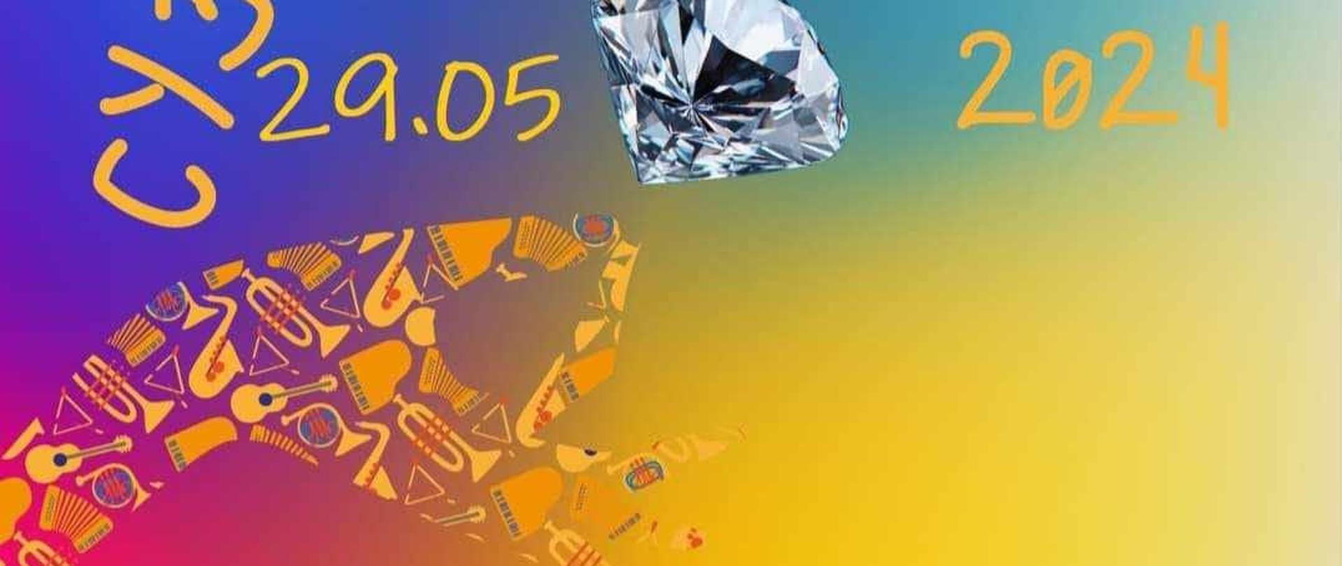 Na niebieskim tle widać tytuł konkursu, zapisany żółtą czcionką. Poniżej przedstawiony jest ciąg miniaturowych instrumentów, które układają się na kształt fali. 