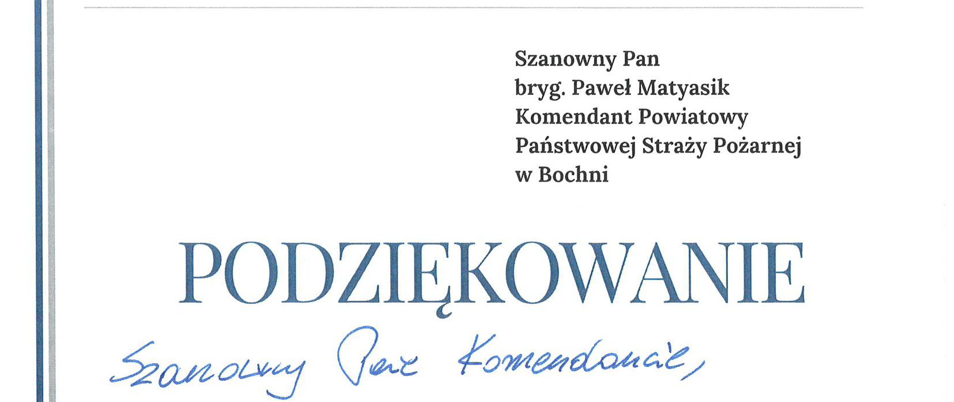 Obraz przedstawia podziękowanie dla strażaków za zaangażowanie podczas organizacji targów pracy które odbyły się 12 września 2025 r. na rynku w Bochni.