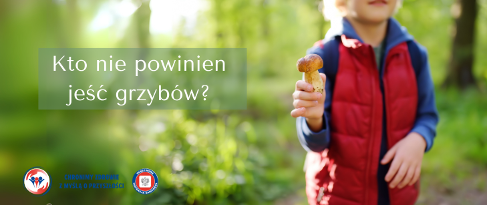 Grafika przedstawia dziecko na tle lasu w niebieskiej bluzie i czerwonej kamizelce. Dziecko trzyma w ręku grzyba. Po lewej stronie znajduje się napis Kto nie powinien jeść grzybów, a pod nim umieszczono dwa logo Inspekcji Sanitarnej oraz napis chronimy zdrowie z myślą o przyszłości.