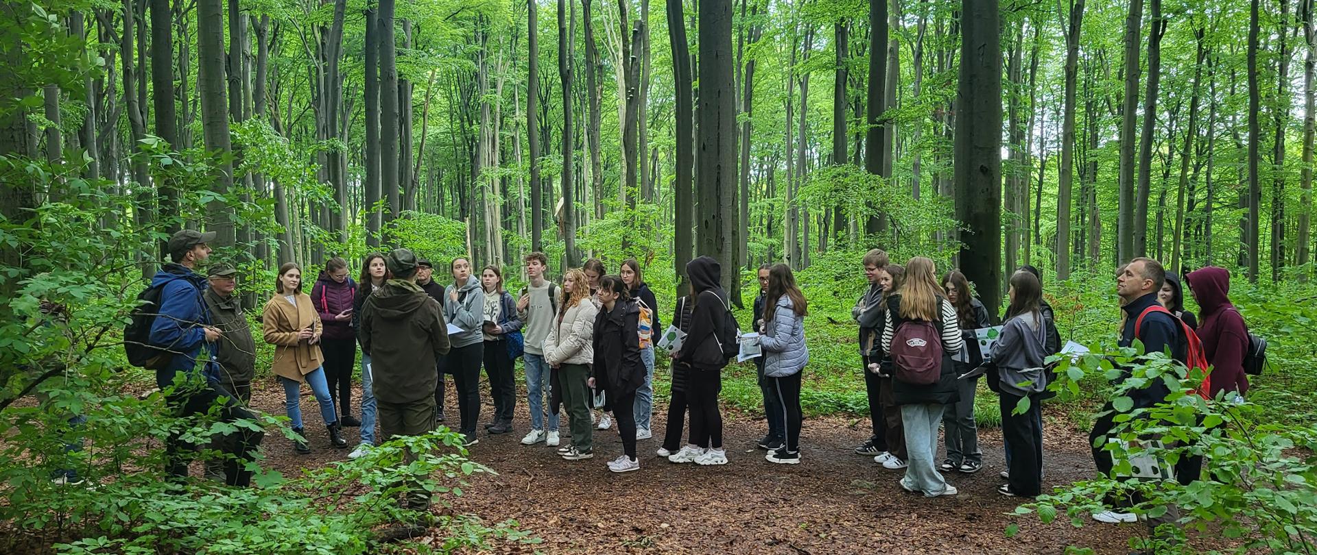Grupa młodzieży szkolnej w lesie w trakcie warsztatów