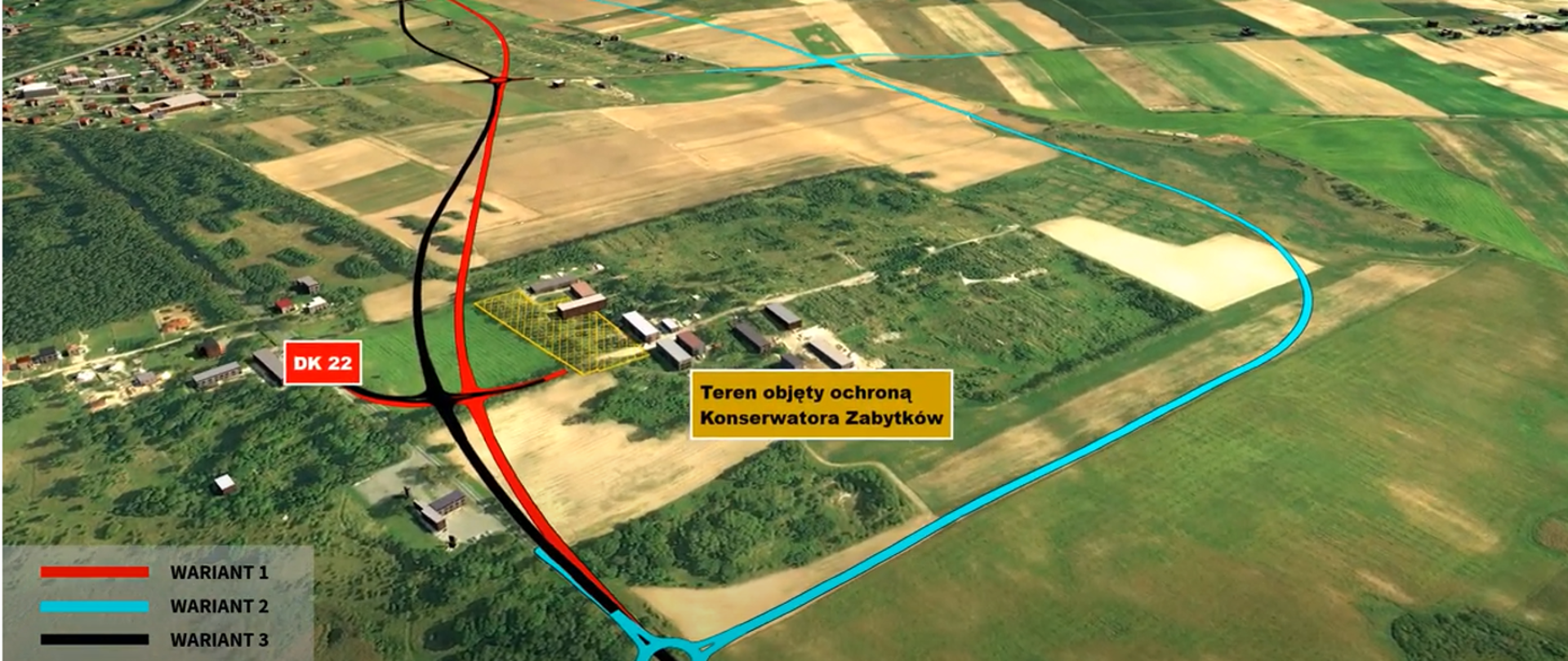 Na mapie trzema kolorami zaznaczono przebieg 3 wariantów przebiegu drogi 