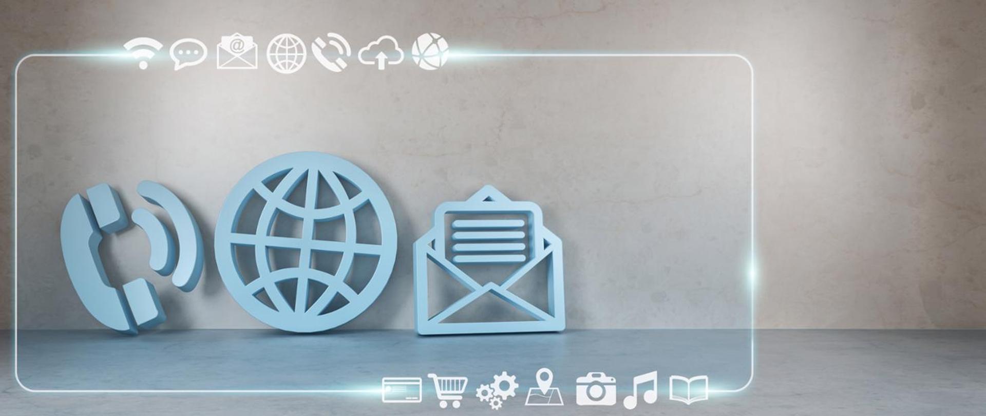 Ikony przedstawiające różne formy kontaktu elektronicznego - telefon, kula ziemska i koperta