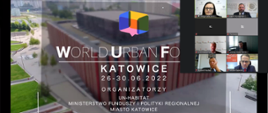 obok logotypu Światowego Forum Miejskiego w Katowicach wiceminister Małgorzata Jarosińska-Jedynak i inni uczestnicy konferencji online
