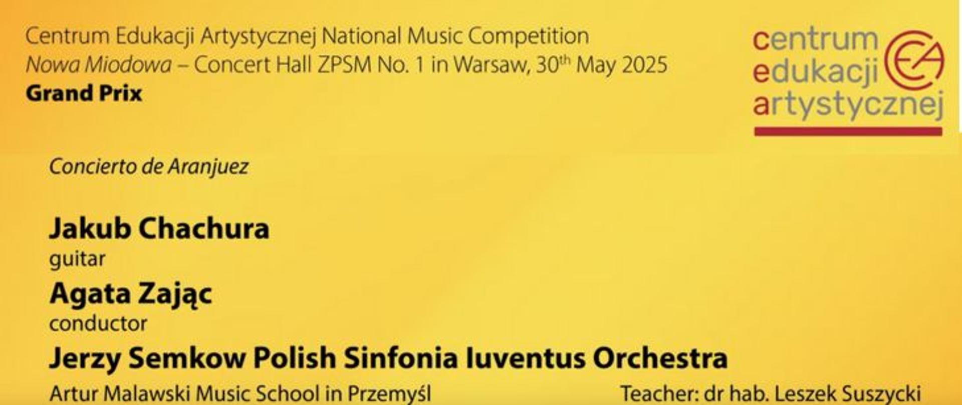 Grafika informująca o udziale Jakuba Chachury w Concierto de Aranjuez 