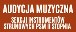 Plakat audycji muzycznej sekcji instrumentów strunowych PSM II stopnia. 12 lutego, godzina 18:30, sala koncertowa. Prowadzenie: Przemysław Czekaj.