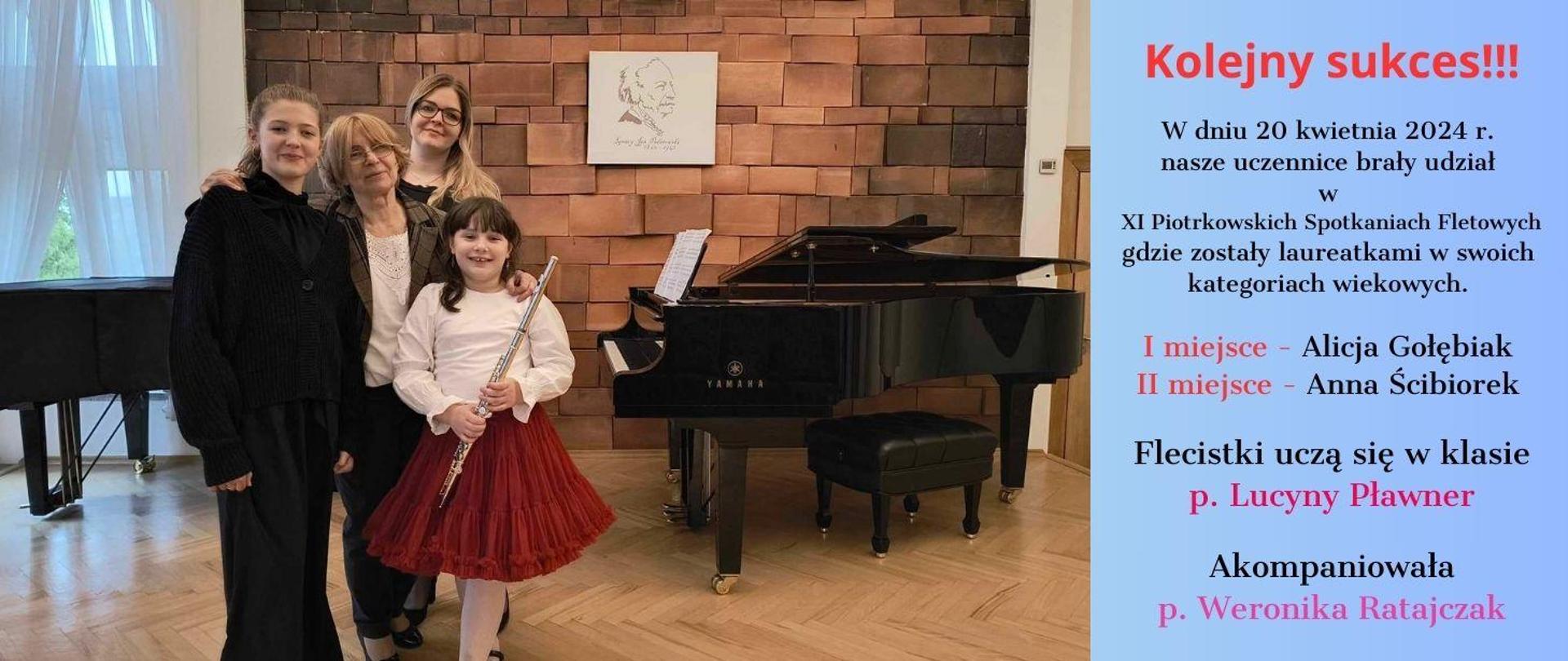 Zdjęcie przedstawia uczennice wraz z nauczycielami z XI Piotrkowskich Spotkań Fletowych gdzie uczennice zostały ich laureatkami. Z prawej strony fortepian.