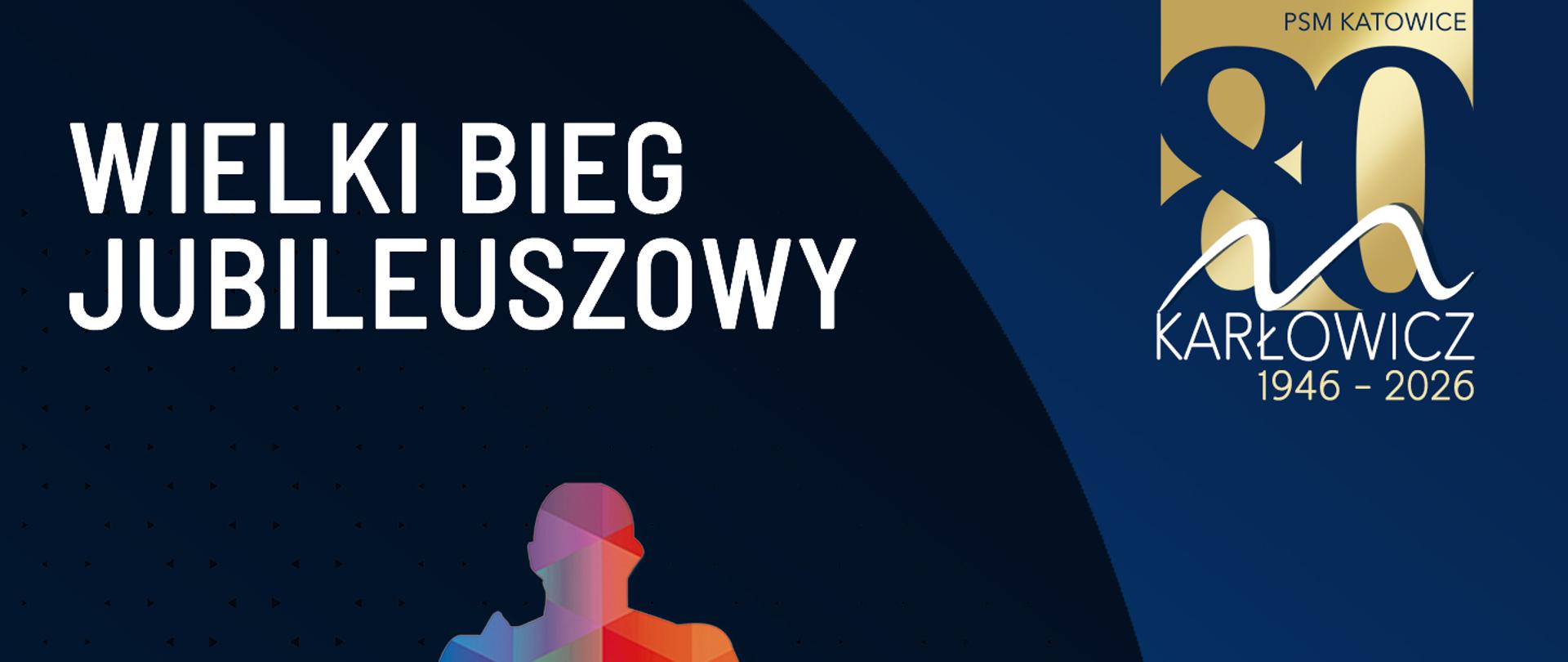 Plakat wydarzenia „Wielki Bieg Jubileuszowy” z okazji 80-lecia PSM Karłowicz w Katowicach (1946–2026). Data: 17.09.2026, lokalizacja: Dolina 3 Stawów. Grafika przedstawia kolorowe sylwetki trzech biegaczy na ciemnoniebieskim tle oraz hasło „Z miłości do muzyki”.