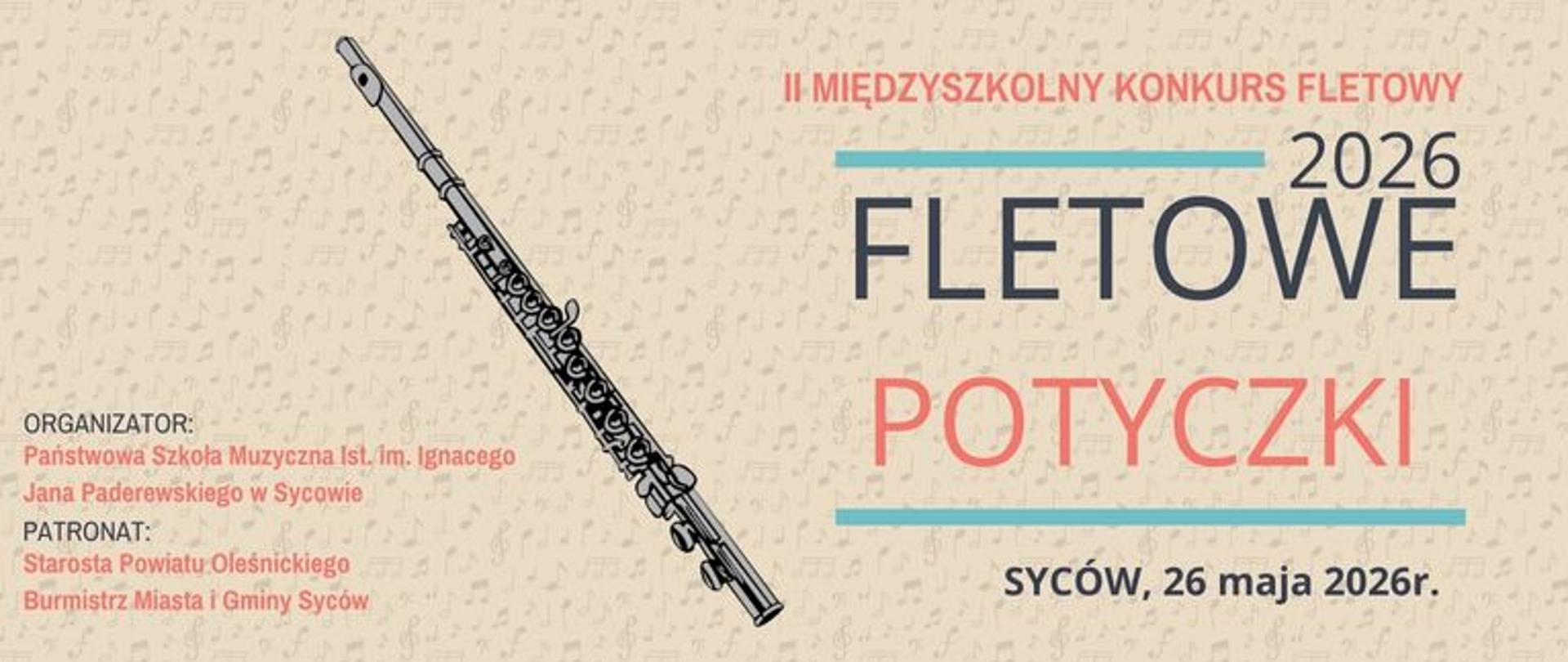 czerwono- czarne napisy na beżowym tle. Na środku po skosie grafika przedstawiająca flet poprzeczny. Po lewej stronie nazwa organizatora oraz patronat nad konkursem.