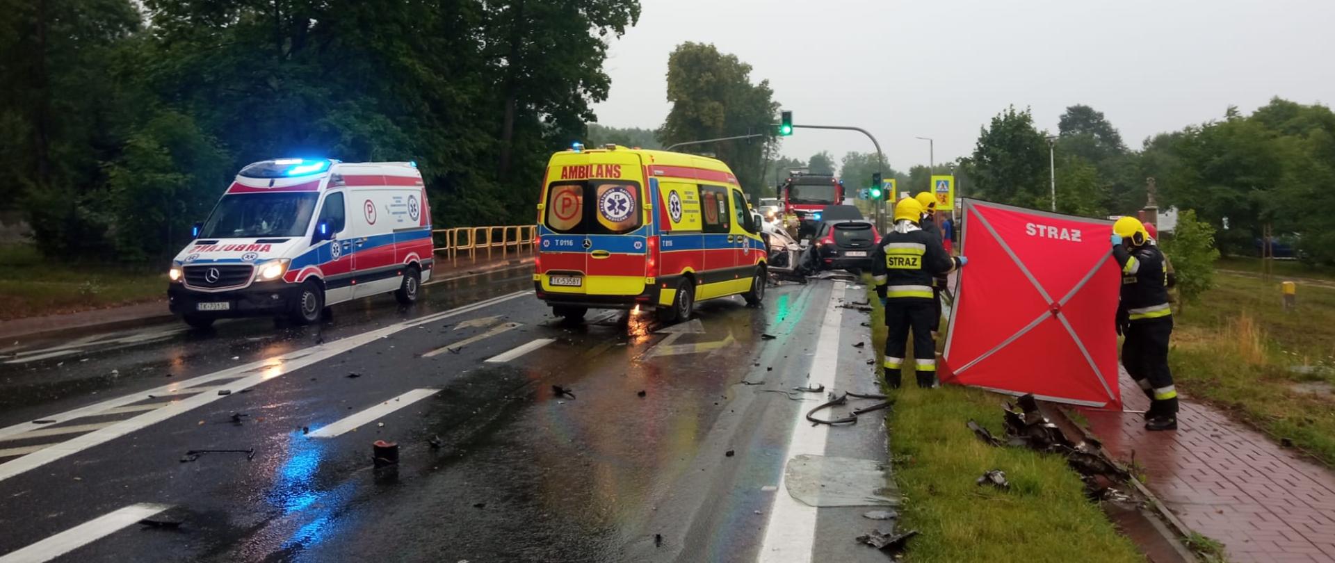 Zdjęcie przedstawia drogę krajową numer 74. Na pierwszym planie stoją dwa ambulanse pogotowia medycznego, w głębi widać zniszczone auta, a po lewej parawan osłaniający oraz strażaków.
