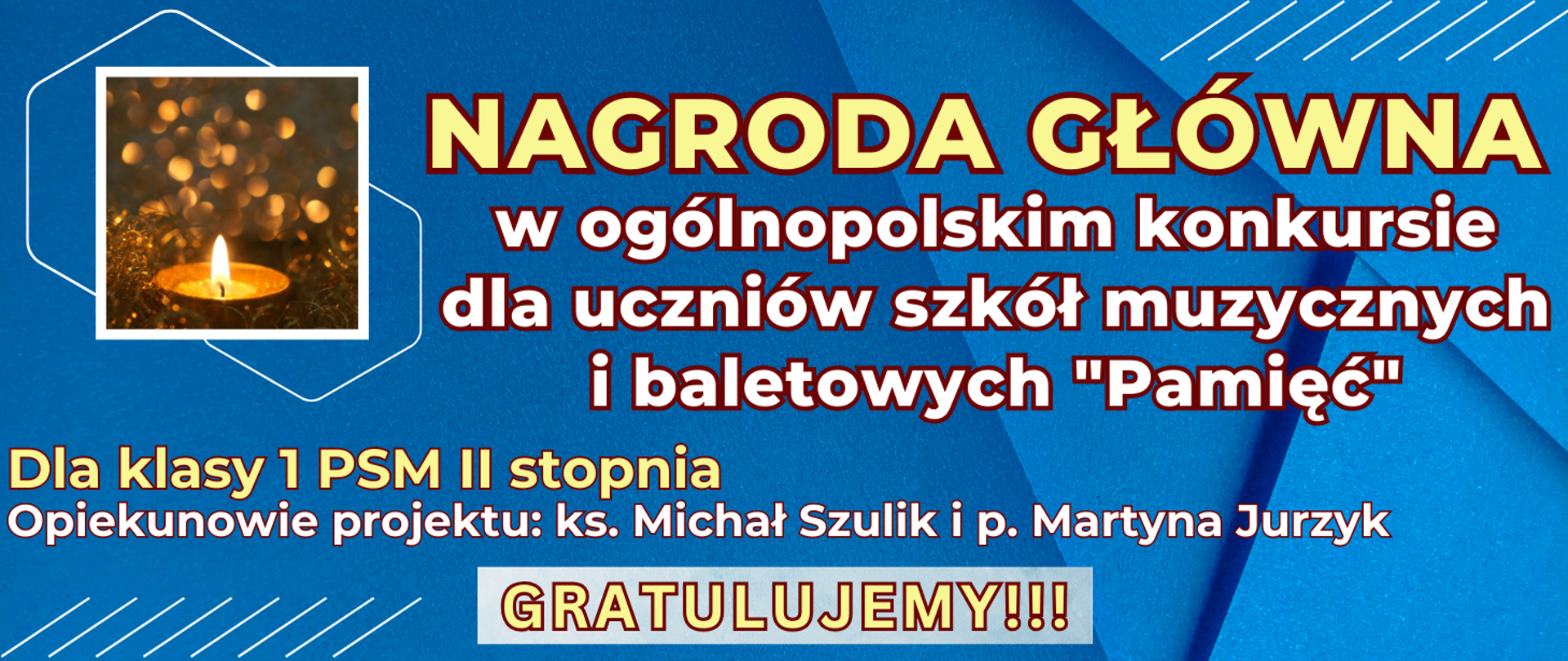 ciemno niebieskie tło z palącą się świecą po lewej stronie oraz informacja o konkursie