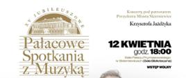 Plakat na białym tle. Przedstawia czterech muzyków z saksofonem. Poniżej napisy Pałacowe spotkania z muzyką koncerty pod patronatem prezydenta miasta Skierniewice Krzysztofa Jażdżyka 12 kwietnia godzina 18:00 sala Pałacu Prymasowskiego w Skierniewicach wstęp wolny wystąpi The Whoop Group. Na samym dole znajdują się ikony oraz loga sponsorów i patronat medialny.
