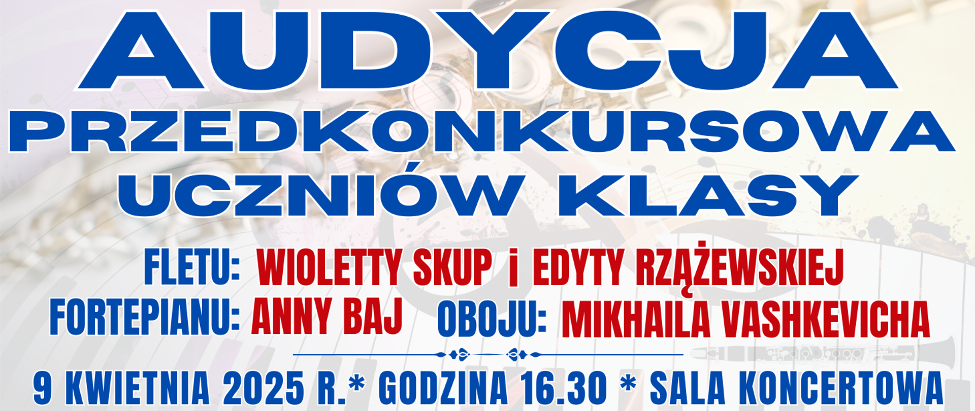 kolorowe tło z fletem poprzecznym leżącym na nutach i klawiaturą fortepianu oraz informacja o wydarzeniu