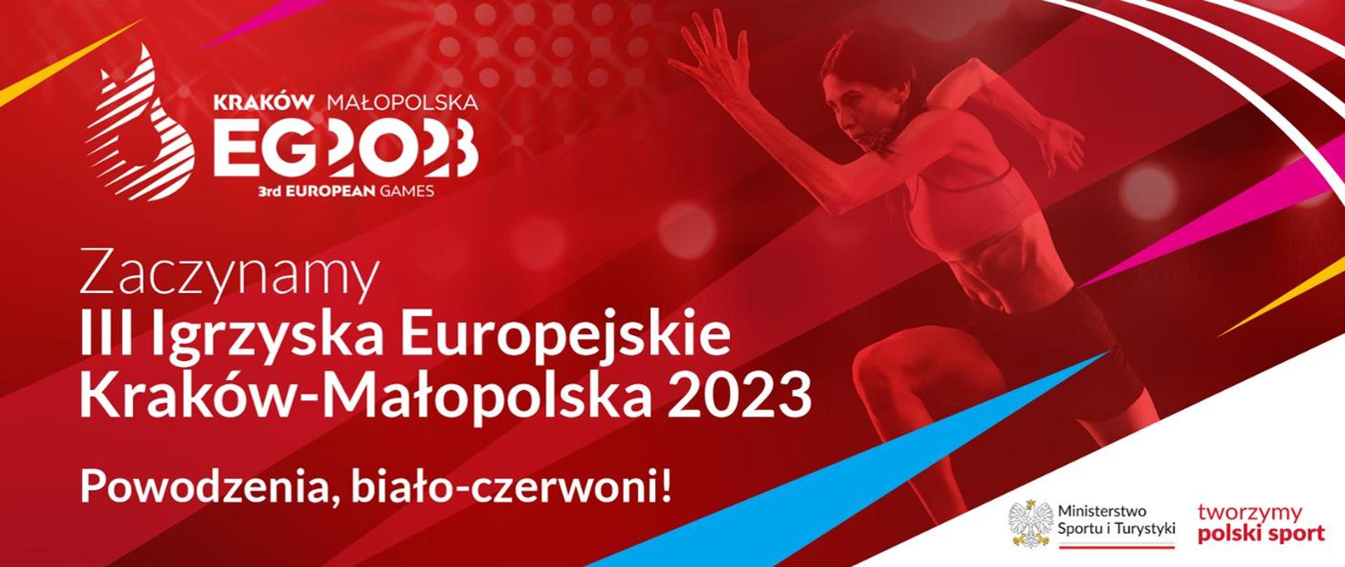 red banner for the III Europen Games in Kraków - Małopolska with the Ministry of Sport and Tourism logo