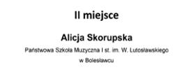 Zdjęcie przedstawiające dyplom dla Alicji Skorupskiej za zajęcie drugiego miejsca w V Ogólnopolskim Konkursie "Co Młodym w Duszy Gra?" zorganizowanym w dniach od 28 do 30 kwietnia 2025 roku w Zespole Szkół Muzycznych pierwszego i drugiego stopnia w Rudzie Śląskiej. Podpisani członkowie Jury: dr hab. Adam Mokrus, dr hab. Natalia Kurzac oraz dr hab. Piotr Banasik.