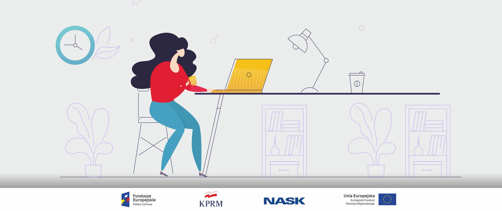 Grafika wektorowa na jasno szarym tle. Kobieta (czerwony sweter, niebieskie spodnie) siedzi przy stole, na którym stoi żółty laptop.