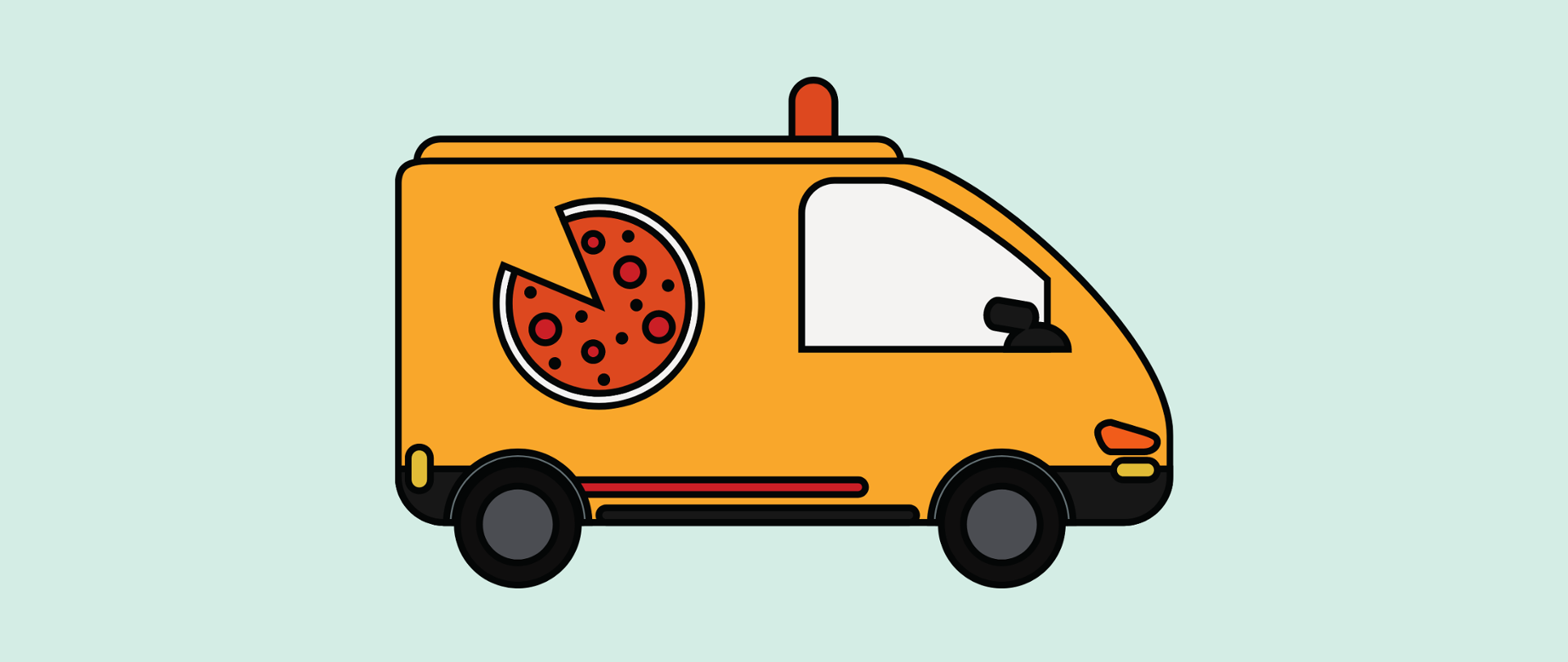 Grafika wektorowa przedstawiająca pomarańczową furgonetkę z rysunkiem pizzy. 