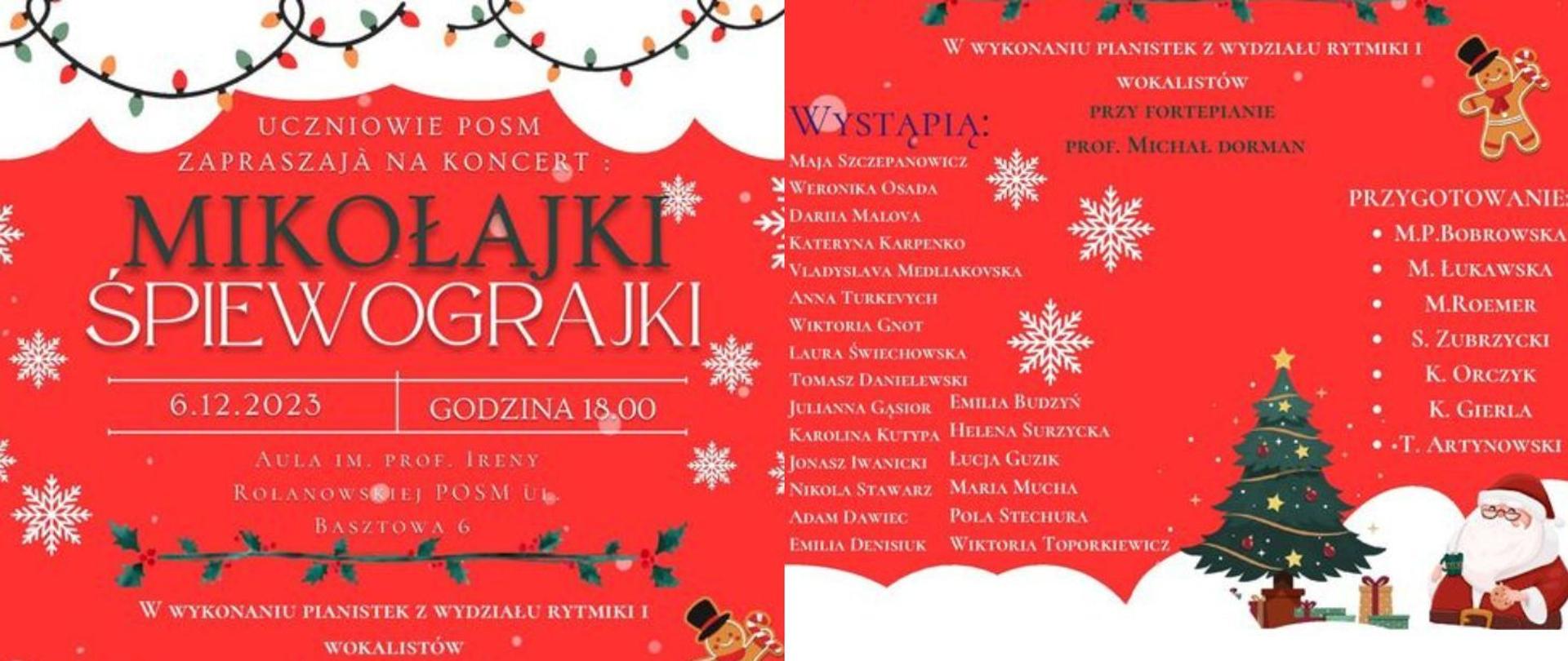 Plakat, świąteczna kolorystyka, tekst: Mikołajki Śpiewograjki, informacja o wykonawcach, miejscu i czasie okncertu