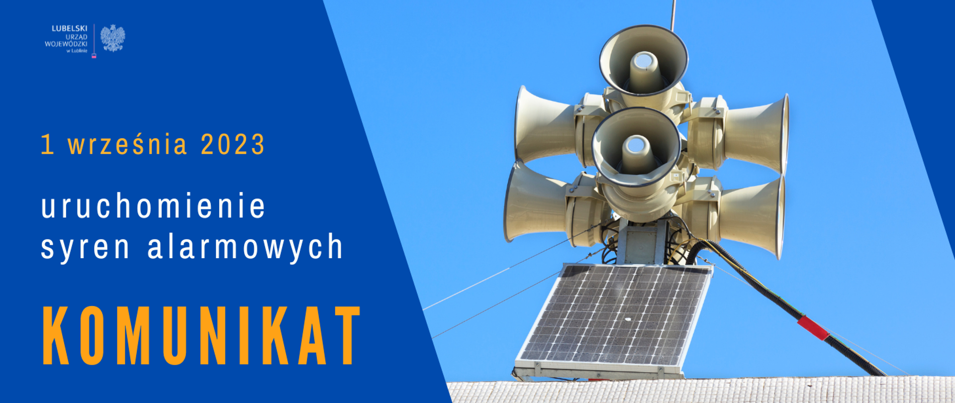 Grafika z napisem: 1 września 2023 uruchomienie syren alarmowych komunikat.