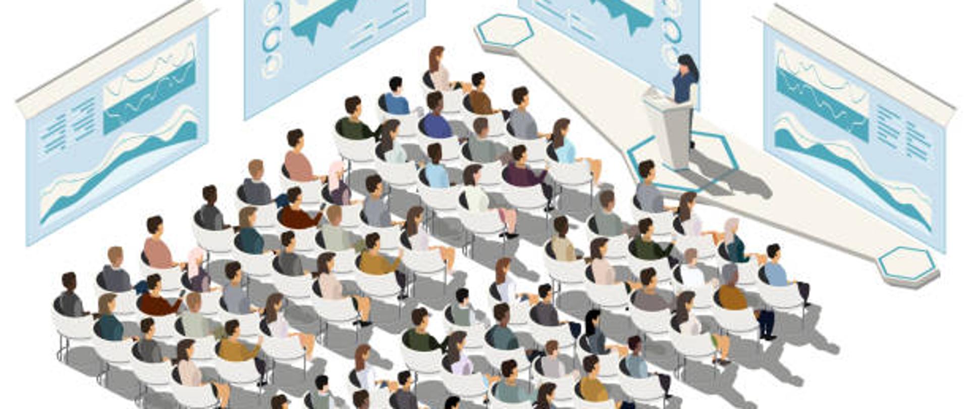 Business conference. Business presentation. Woman speech. People listen to speakers. Indicators and schedules process, coaching. Vector isometric, 3d, illustration.