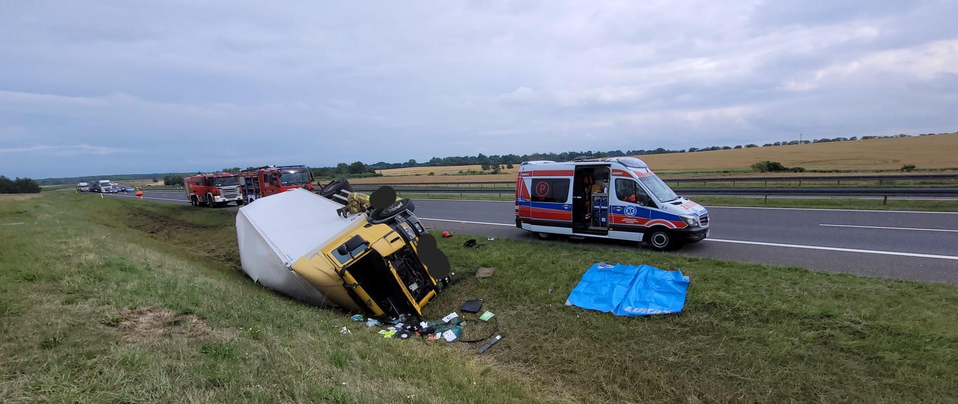 Zdjęcie przedstawia przewróconą ciężarówkę i służby ratownicze.