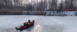 Zdjęcie przedstawia ćwiczenia z ratownictwa wodno-lodowego prowadzone przez straż pożarną w zimowej scenerii. Na pierwszym planie widać dwóch ratowników ubranych w specjalistyczne, czerwone skafandry wypornościowe, którzy znajdują się na zamarzniętej tafli zbiornika. Jeden z nich leży na lodzie, podczas gdy drugi asekuruje go z tyłu; obaj są połączeni liną z brzegiem, co pozwala na ich bezpieczne wyciągnięcie.
W tle, na ośnieżonym brzegu, widoczna jest grupa pozostałych strażaków nadzorujących akcję oraz zaparkowane pojazdy ratownicze – duży wóz gaśniczy oraz czerwony furgon. Otoczenie stanowią wyschnięte trzciny i bezlistne drzewa, co podkreśla mroźny charakter działań. Cała scena dokumentuje proces doskonalenia technik ratowania osób, pod którymi załamał się lód, przy użyciu profesjonalnego sprzętu asekuracyjnego.
