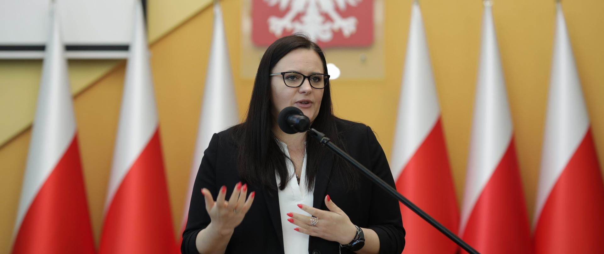 Minister Małgorzata Jarosińska-Jedynak stoi przy mównicy, w tle sześć flag polskich i godło RP.