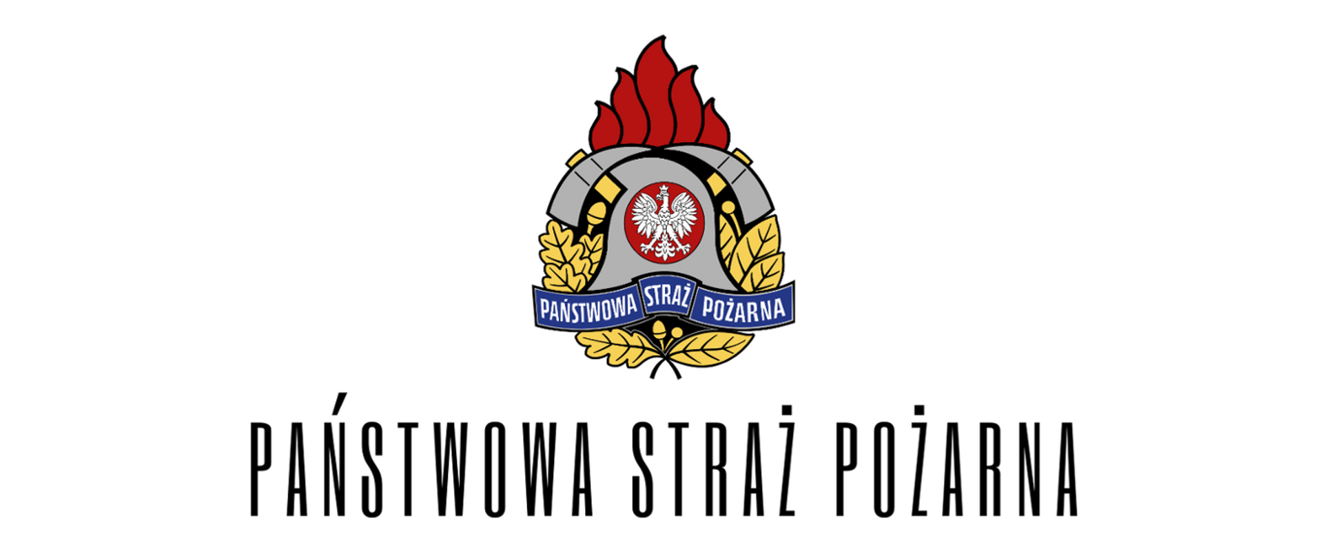 W środkowej części logo PSP, które składa się z białego orła w czerwonym okręgu, za orłem srebrny hełm i wystające ponad hełm 2 toporki strażackie, poniżej orła napis biały Państwowa Straż Pożarna na niebieskim tle, na prawym i lewym krańcu logo oraz na dole złote liście. Poniżej loga czarny napis Państwowa Straż Pożarna