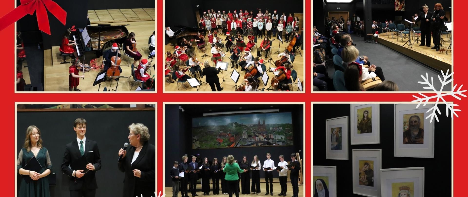 Sześć poziomych, kolorowych zdjęć znajdujących się w dwóch rzędach. Wszystkie zdjęcia znajdują się w białych ramkach, na czerwonym tle. Rząd górny, 1 zdjęcie - pokazuje trio, dzieci grające na skrzypcach, wiolonczeli i fortepianie, 2 zdjęcie pokazuje zespół instrumentalny w skład którego wchodzą skrzypce, wiolonczele i kontrabas oraz chór dziecięcy stojący za zespołem, 3 zdjęcie pokazuje publiczność i stojące na scenie dwie osoby i przemawiające do publiczności. Rząd dolny, 1 zdjęcie pokazuje prowadzących koncert, 2 zdjęcie pokazuje śpiewający chór Dominanta pod dyrekcją Joanny Glenc, 3 zdjęcie pokazuje obrazy świętych z wystawy Brygidy Przybyły.