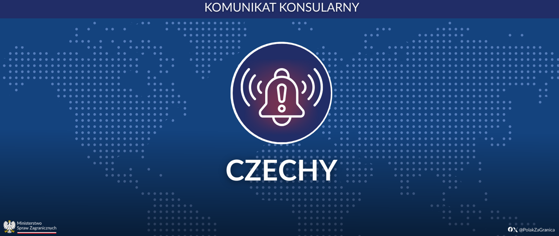 Grafika, komunikat konsularny – Ostrzeżenie, Czechy. Odniesienie na profile Facebook i X @PolakZaGranica