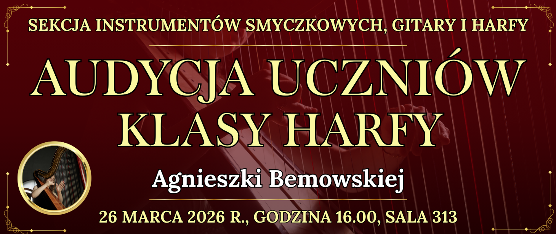 baner w tle osoba grająca na harfie oraz informacja o wydarzeniu